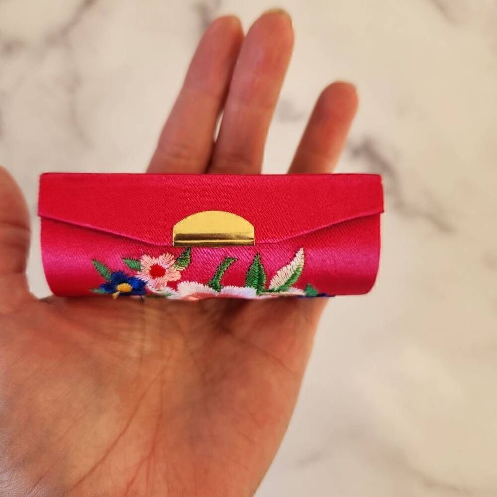 Mexican floral embroidered hot pink lipstick case excellent condition mini mirro - Picture 2 of 6